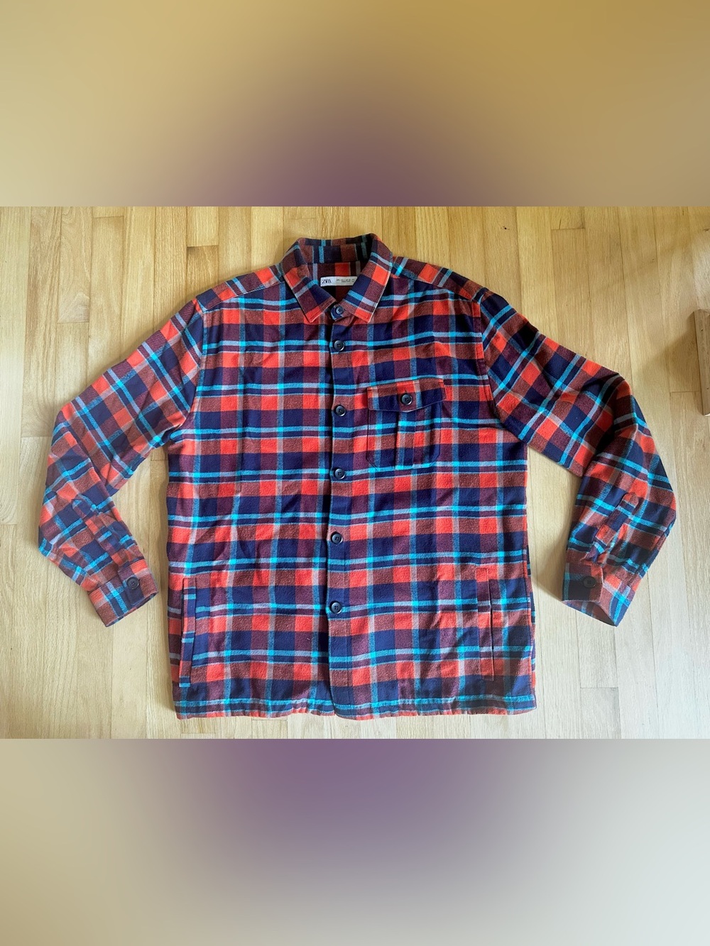 Zara Red, Navy & Teal Plaid Button-Down Shirt Sz L